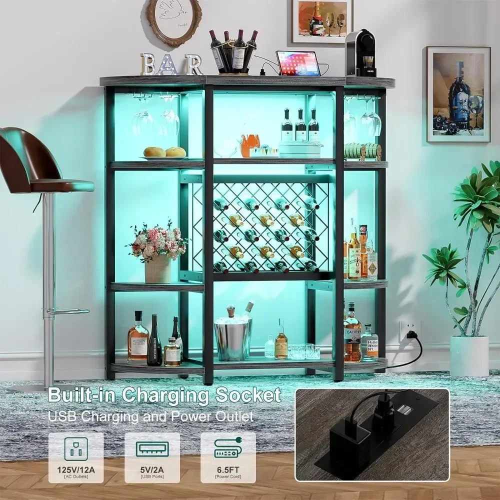 Gabinete de Bar de granja con estante de vino independiente para el gabinete de Bar de vino de cocina casera con luces Led y tomas de corriente