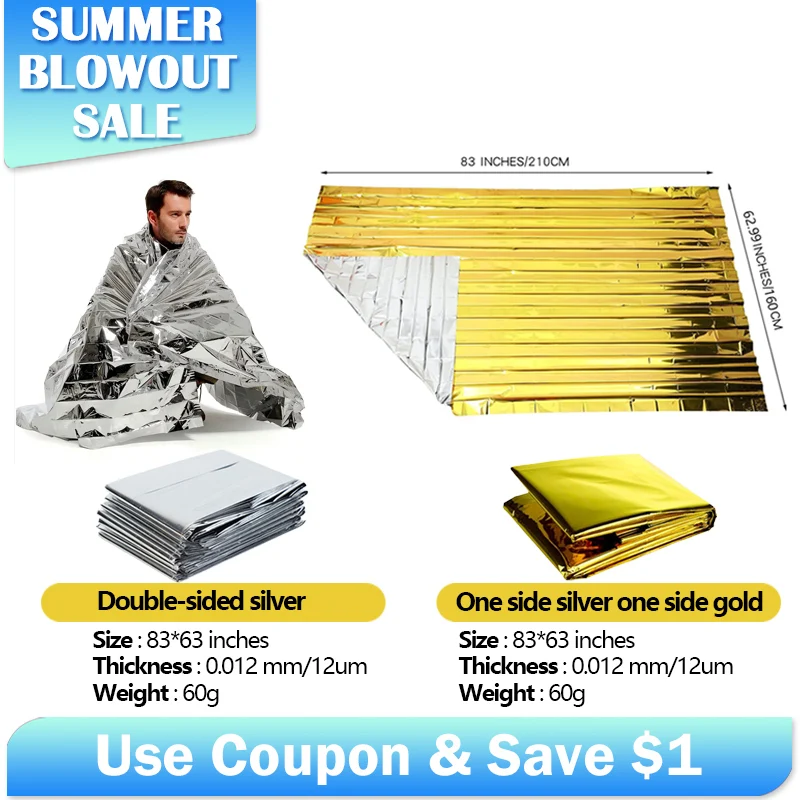 

160x210cm Emergency Survival Blanket Aluminized PET Film Reflective Thermal for Outdoor Camping Hiking Marathon First Aid Gear