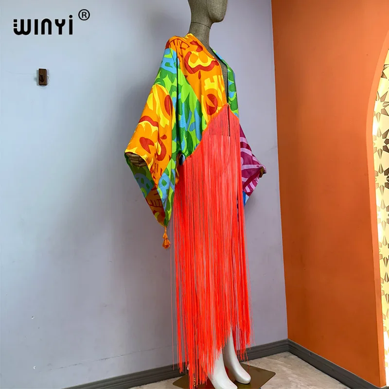 WINYI kimono cover-up summer boho print Bikini Cover-up fashion Cardigan sexy Holiday manica lunga nappe maxi dress kaftan