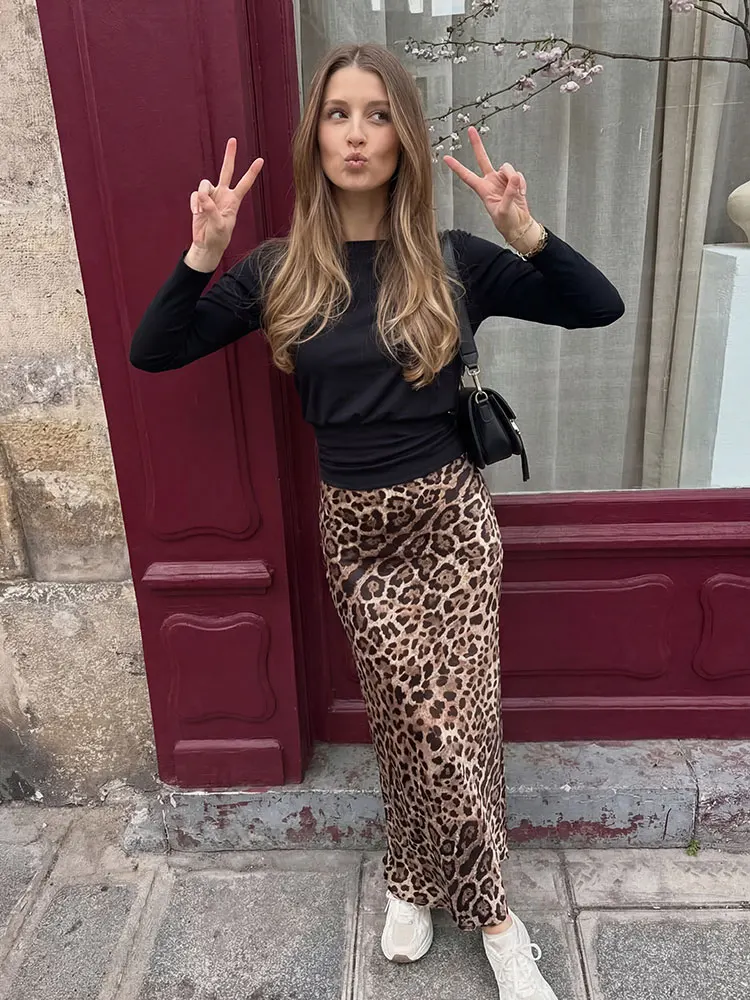 Women Trendy Leopard Print Satin Midi Skirt High Waist Flowy Long Skirt for Women Y2K Fashion Casual Party Summer Outfit