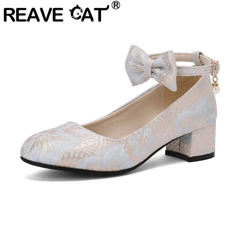 

Женские туфли-лодочки с круглым носком REAVE CAT, Элегантные повседневные туфли смешанных цветов с принтом и ремешком на щиколотке, 45, 46, 47