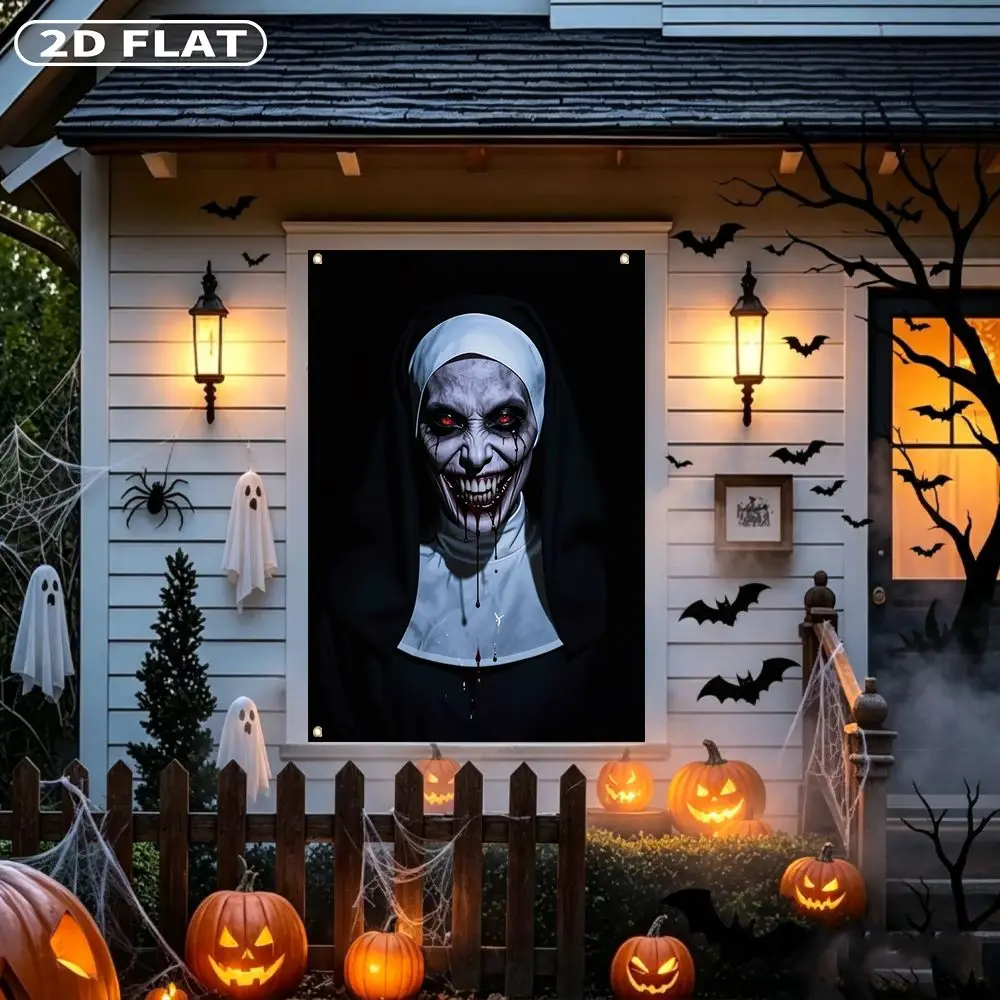 2D FLAT 1pc Party Banner, Halloween Window Cover with Scary Nun With Red Eyes And Blood,122x88cm, Polyester, 4 grommets