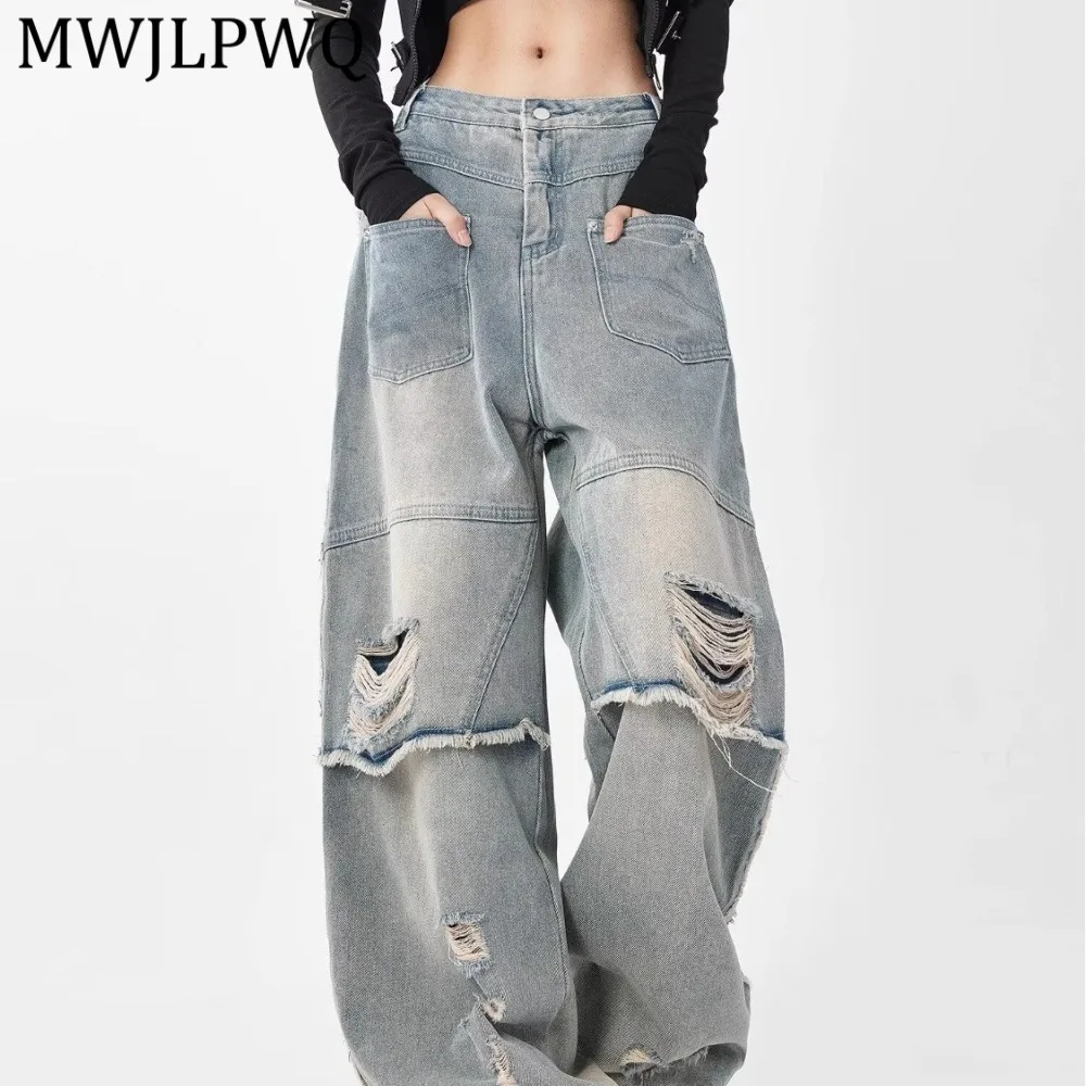

MWJLPWQ American Retro Ripped Jeans For Unisex Frayed Hem Workwear Loose Wide-leg Pants High Street Trousers Spring Summer 14899