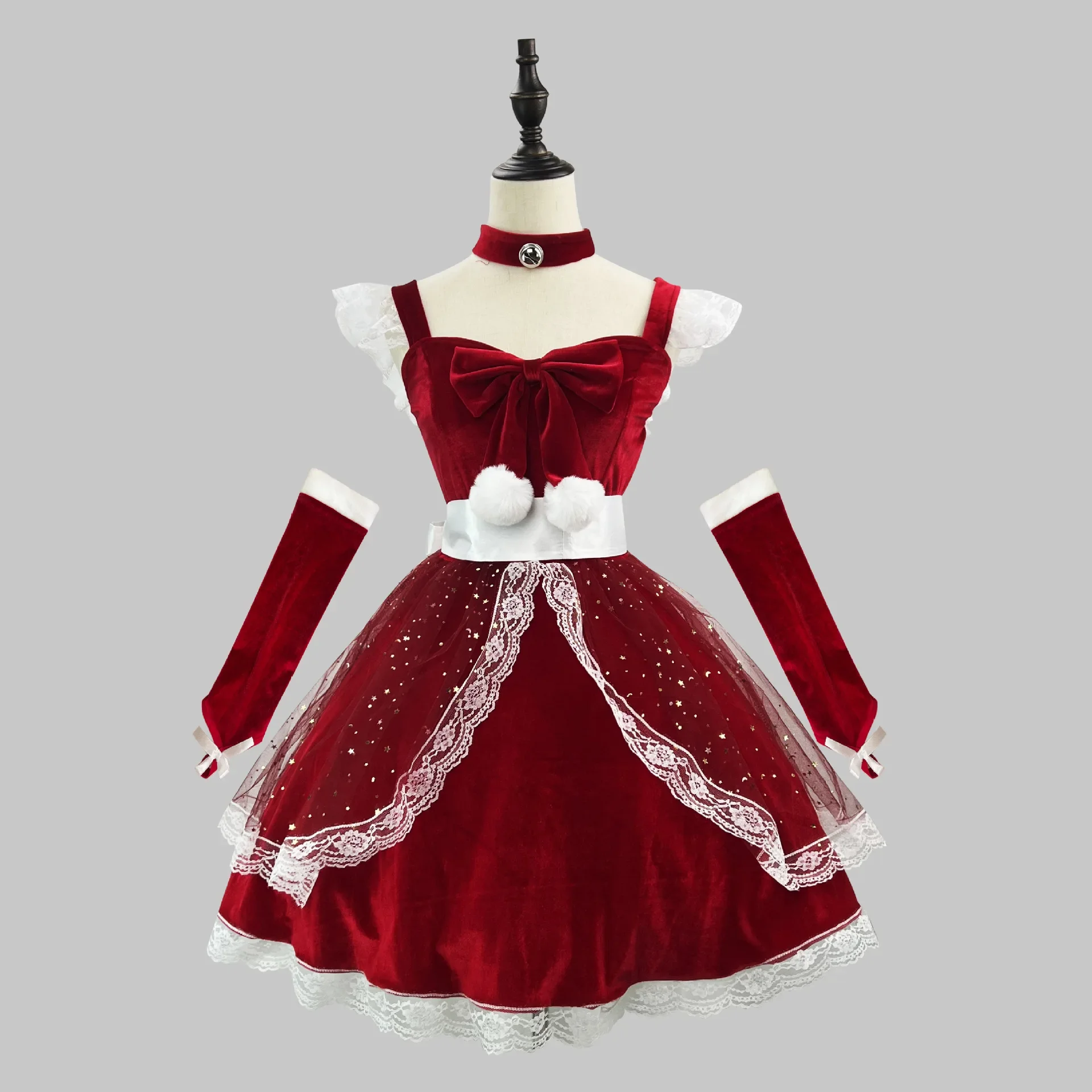 Sweet Lolita-Robes rouges de Noël en dentelle pailletée avec étoile, boule de princesse vintage élégante, quel que soit l'uniforme de cosplay de Noël et du Nouvel An