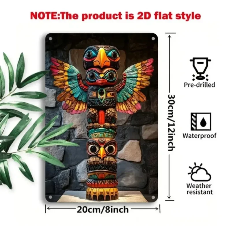 2D Flat NativeTotemArt Native Themed Aluminum Ornament | Totem Pole in Stone-Walled Setting | Indigenous Art Aesthetic Decor,1pc