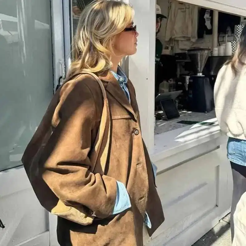 

High Street винтажные замшевые куртки женские осенне-зимние модные однобортные коричневые верхняя одежда женский пиджак с длинными рукавами и лацканами