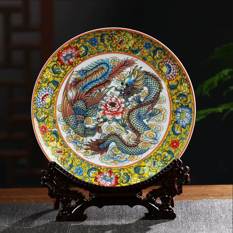 Chinese Jingdezhen Ceramic Plate+Base Set Decoration Items Home Living Room Furnishing Ornaments Office Desk Accessories Crafts
