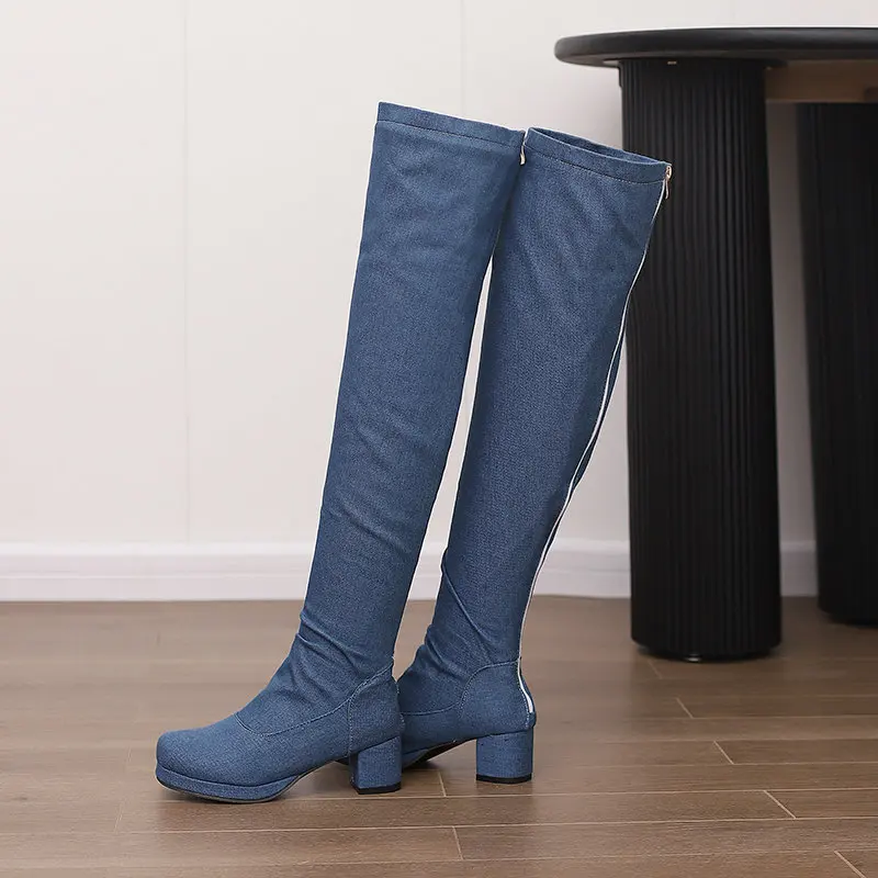 REAVE CAT Women  Thigh Boots Round Toe Block Heel 5cm Platform 46 47 48 Sexy Party Female Stretch Booties