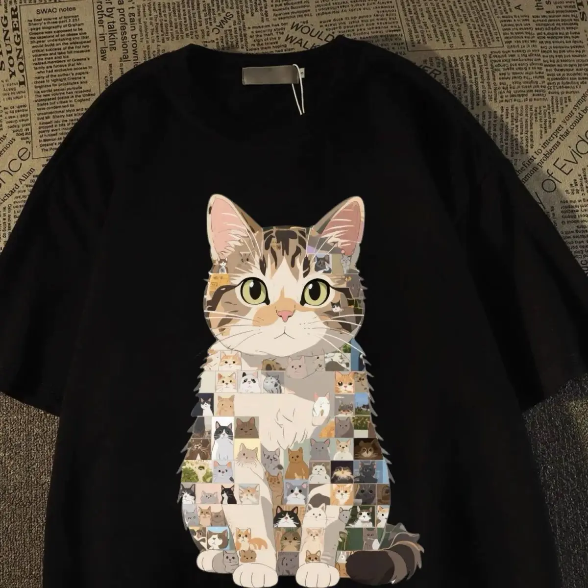 

Новинка 2025 года, мужские и женские свободные и универсальные топы из чистого хлопка с короткими рукавами Puzzle Cat, модные футболки
