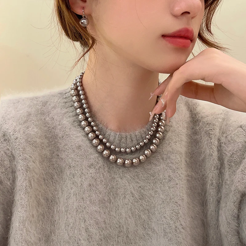 Light Luxury Elegant Niche Design Grey Imitation Pearl Sweater Chain Necklace Fashion Women Metal Jewelry Accessories