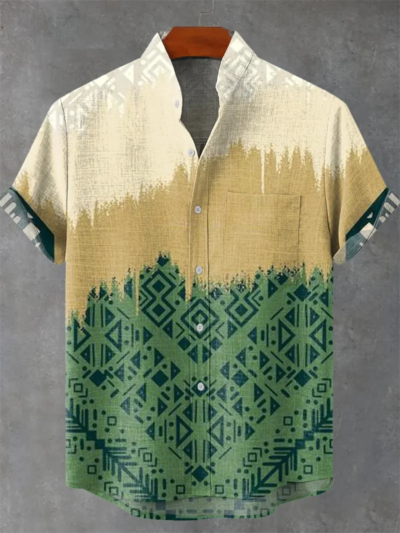 Hawaiian Linen Men's Shirt Ethnic Print Short Sleeve Top Beach Holiday Clothing Casual Neutral Style New Collection