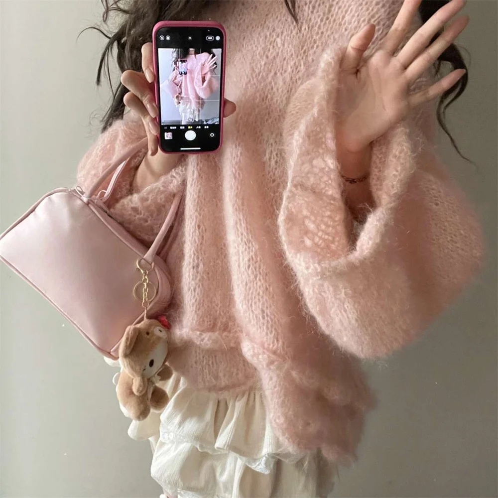 Eleganckie swetry damskie w stylu francuskim, różowe, vintage, dzianinowe, damskie, na jesień i zimę 2025, codzienne, słodkie swetry.