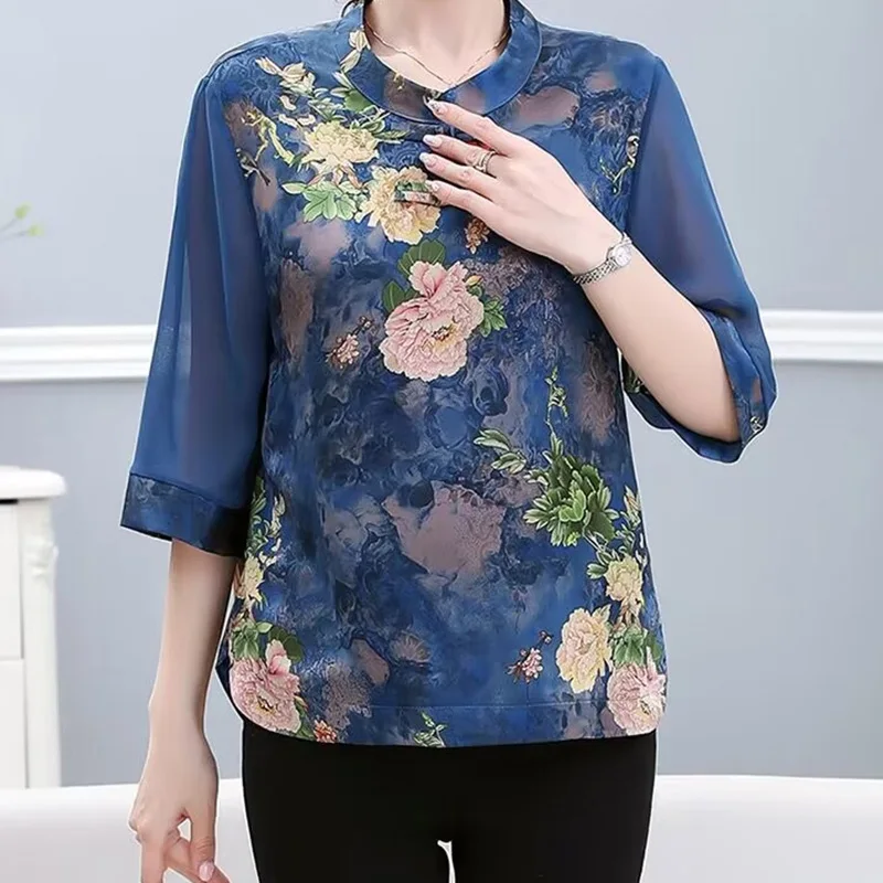 2024 New Summer Elegant Fashion Print Retro Loose Office Lady Women\'s Shirt Aesthetic Chinese Style O Neck Short Sleeve Y2K Tops