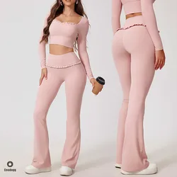 2PCS Pad Women Yoga Set Lotus Gym Fitness Long Sleeve Sports Crop Top High Waist Bell Flare Legging Workout Athletic Wear XP07