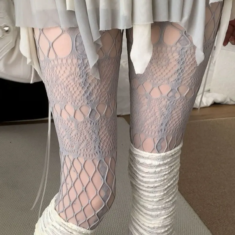 

Sweet Lolita JK Tights Thin Mesh Cutout Fishnet Stockings Retro Style Lace Jacquard Pantyhose Spring/Summer White Women's Socks