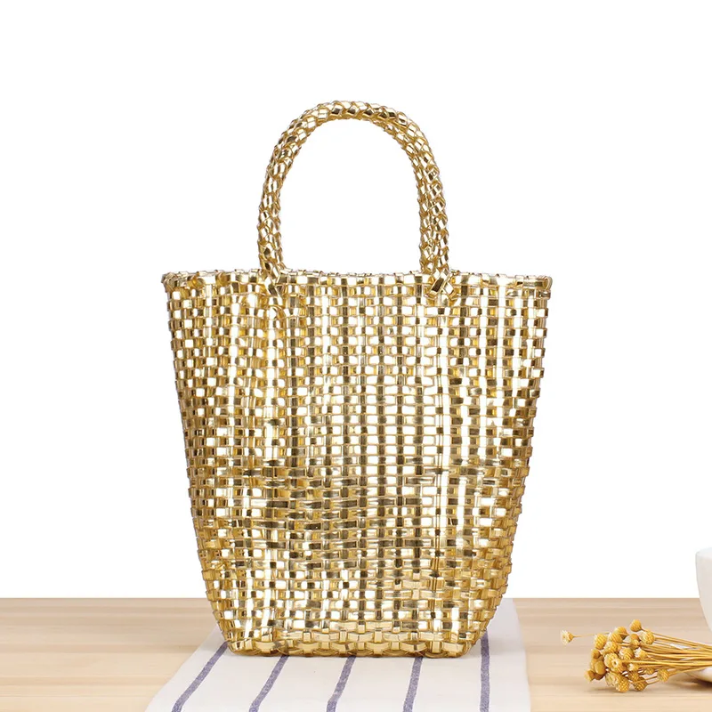 New Minimalist Woven Plastic Tote Bag, Casual Versatile Beach Bag for Women, Fashionable Shoulder Bag for Vacation Photos