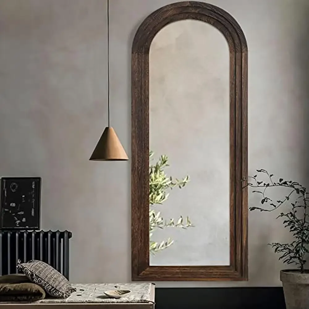 Solid Wood Frame Arched Full Length Mirror Rustic Country Style Dressing Mirror with Burst-Proof Glass Vertically Hanging Wall