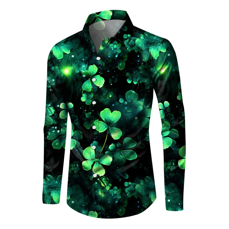 Fashion Men St. Patrick's Day Long Sleeve Shirts 3D Print Green Clover Graphic Hawaiian Shirts Women Clothing Casual Fashion Top