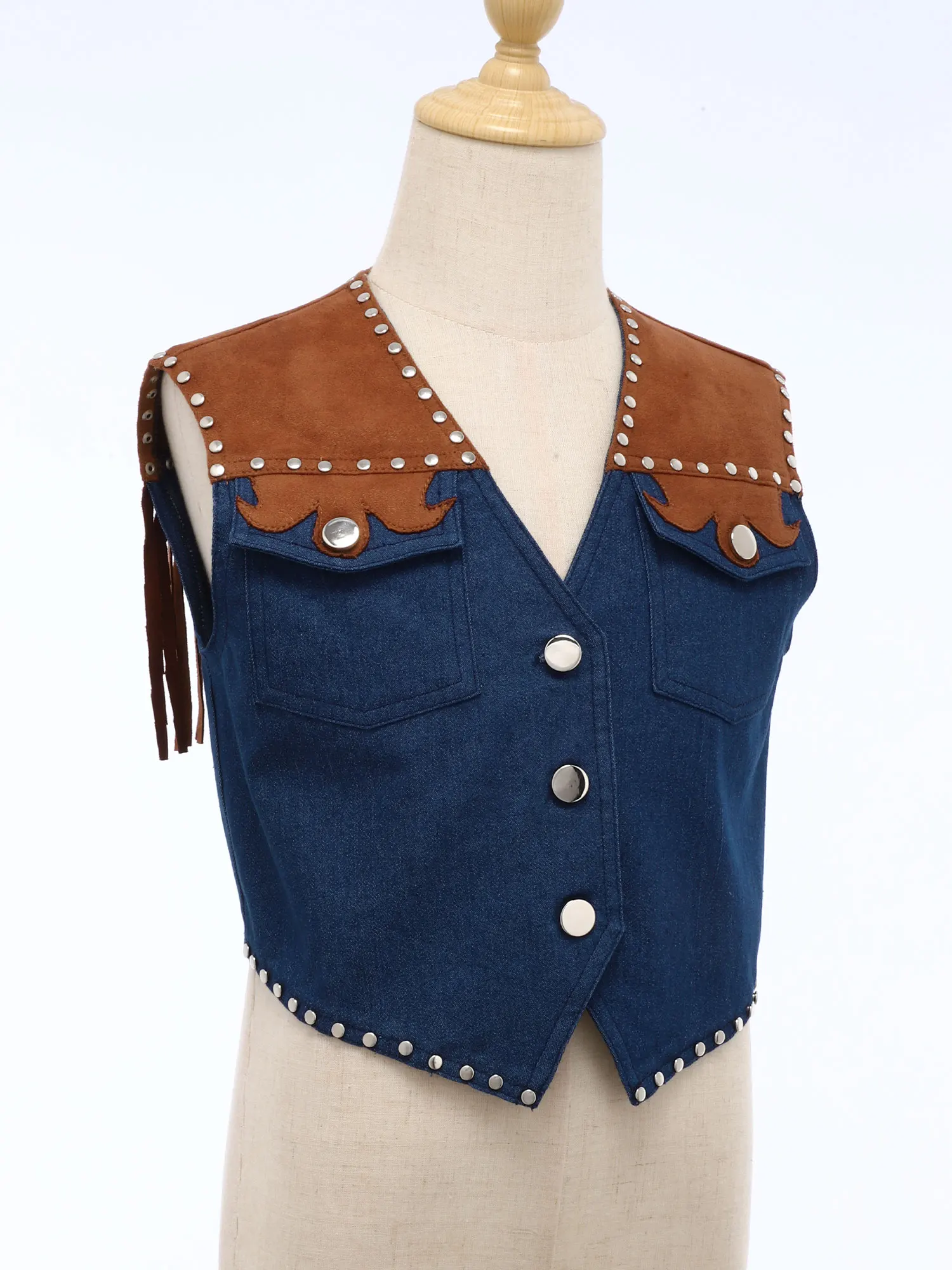 

Kids Unisex Western Cowboy Cosplay Costume V Neck Buttons Rivet Fringe Vest Denim Cowboy Vest Role Play Halloween Party Costume