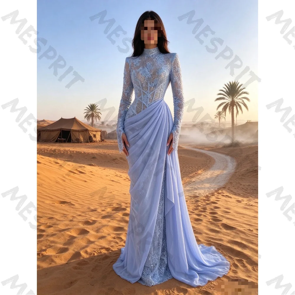 Customized High Neck Transparent Sexy Lace Long Sleeved Evening Dresses 2026 Slim Fit Pendant Dance Gown Suitable for Parties