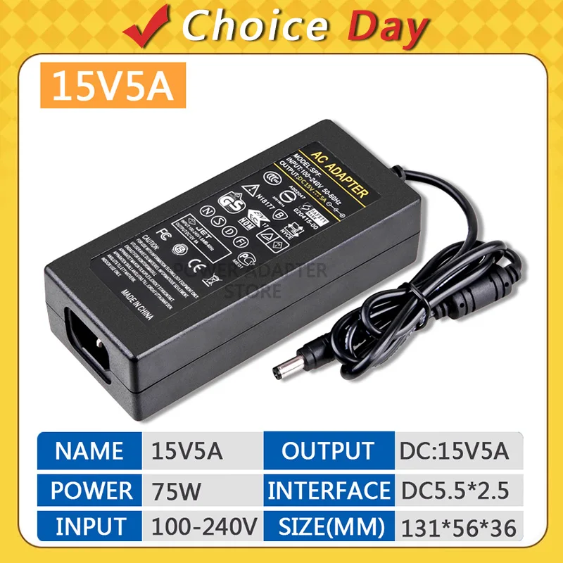 15V5A Power Supply Adapter, AC DC Converter 100-240V，5.5x2.5mm Plug for LED Strip Light DVR Security Cameras System Accessories