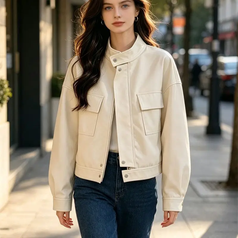 Fashion PU Leather Coat Women Short 2026 Spring Autumn New Outwear Stand Collar Motorcycle Leather Jacket Casual Overwear Female