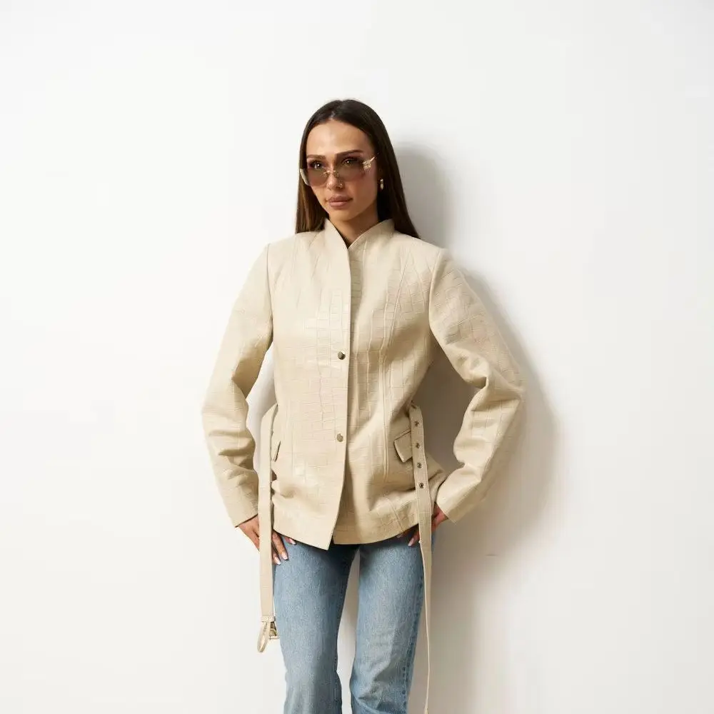Laur 2026 Women Faux Leather Jacket Crocodile Embossed Stand Collar Slim Fit Waist Strap Decor Casual Autumn Outerwear