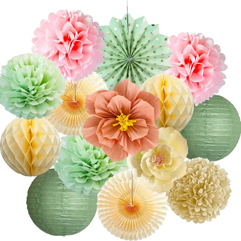 

20 шт. комплект украшений для вечеринок, многоразовые бумажные фонарики, помпоны, веера и искусственные цветы для вечеринки в стиле бохо, свадьбы, детского душа, би