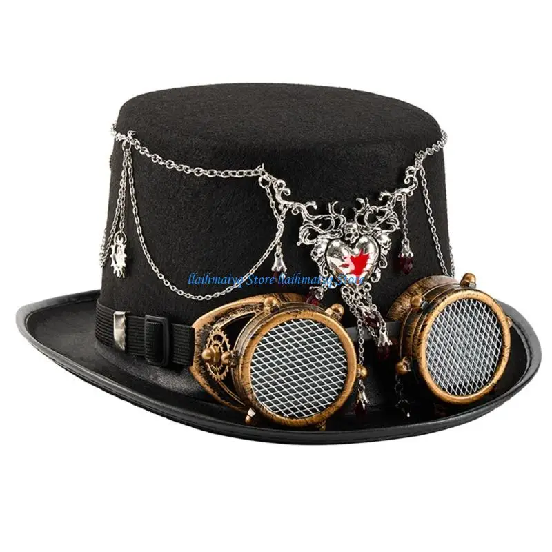 

573B Victorian Mechanical Gear Embellished Wool Top Hat with Chain Gothic Aesthetic And Removable Goggles For Themed Event