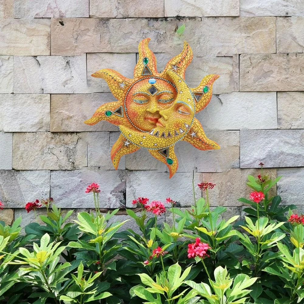 Colorful Metal Carving Celestial Mosaic Sun and Moon Wall Hanging Ornament Plaque Sculpture for Indoor Outdoor Home Wall Decor