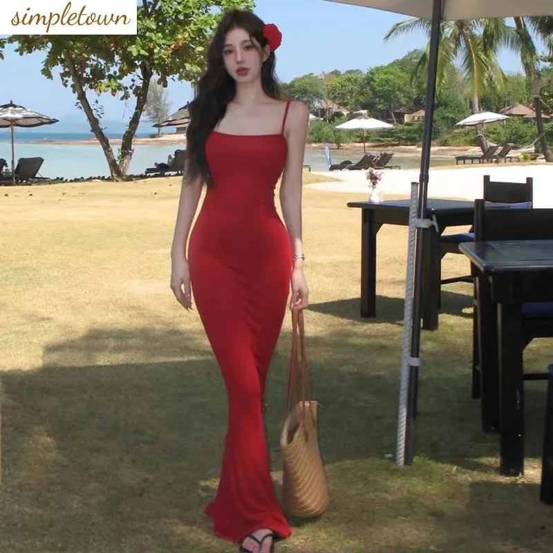 

2024 Spring and Summer New French Solid Color High end Strap Dress Fashionable Slimming Long Dress