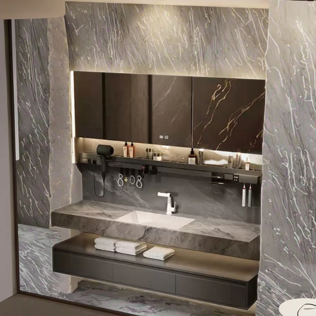 

Luxury Bathroom Vanities Cabinet with LED Mirror and Rock Washbasin Table Simple Elegant Style Bath Vanities