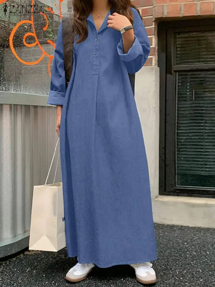 ZANZEA Fashion Women Denim Blue Sundress Autumn Lapel Neck Long Sleeve Solid Maxi Shirt Dress Casual Loose Vestido Robe Femme