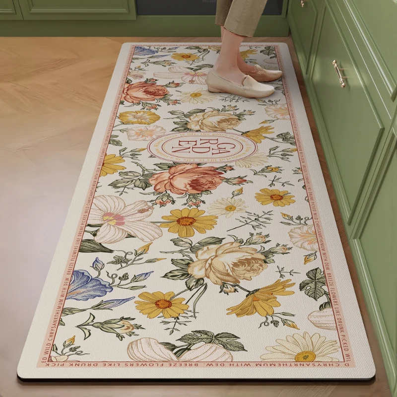 Carpet for Kitchen Floor Mat PVC Waterproof Leather Rug Floral Long Strip Carpets Oil-proof Anti-slip Foot Mats Home Decor Rugs