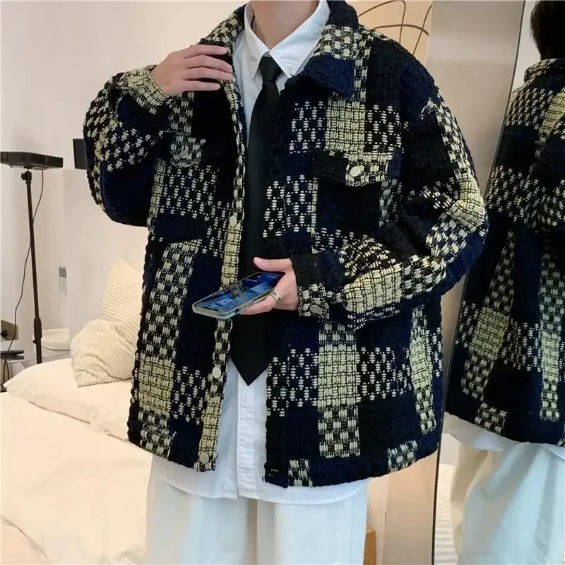 Spring Autumn Plaid Jacket Men's Woolen Vintage Hongkong Style Chic Loose-fit Trendy Brand Versatile Jacket Thickened Loose Type