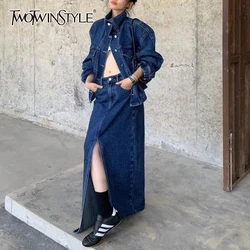 TWOTWINSTYLE Denim Vintage Two Piece Sets For Women Lapel Long Sleeve Coat High Waist Skirt Chic Set Female Fashion Clothing New