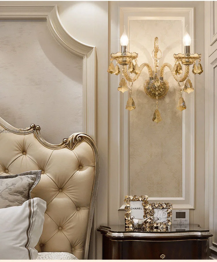 European Crystal Wall Sconce Cognac Color Candle Wall Sconce Living Room Romantic Bedroom Decorative Wall Lighting