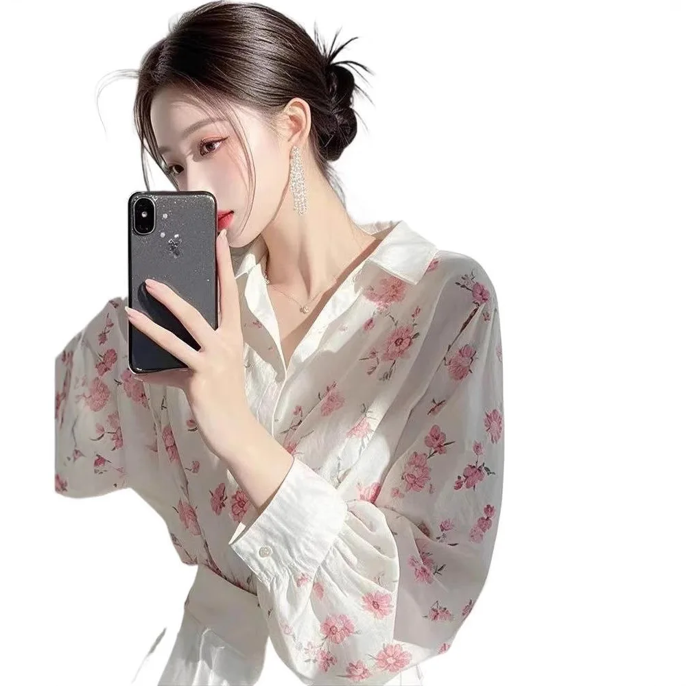 BOWEYLUN wiosna nowy różowy nadruk na co dzień z długim rękawem koszula damska francuski kołnierzyk polo bluzka sweter damski