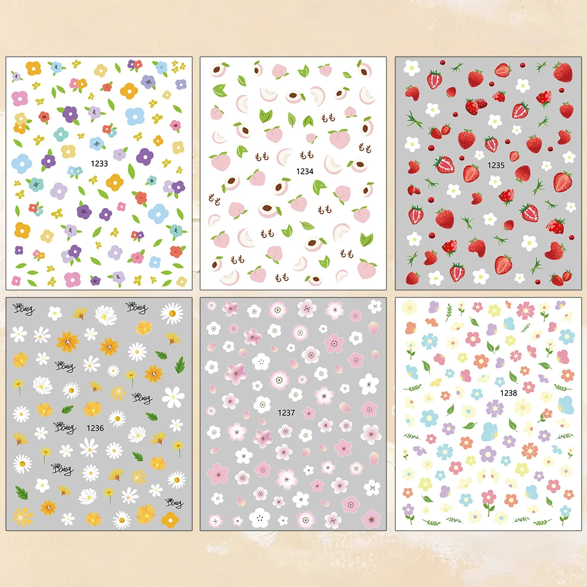 3 to 12 Sheets 3D Flower Daisy Cherry Blossom Strawberry Peach Leaf Floral Spring Summer Self-Adhesive Nail Art Stickers