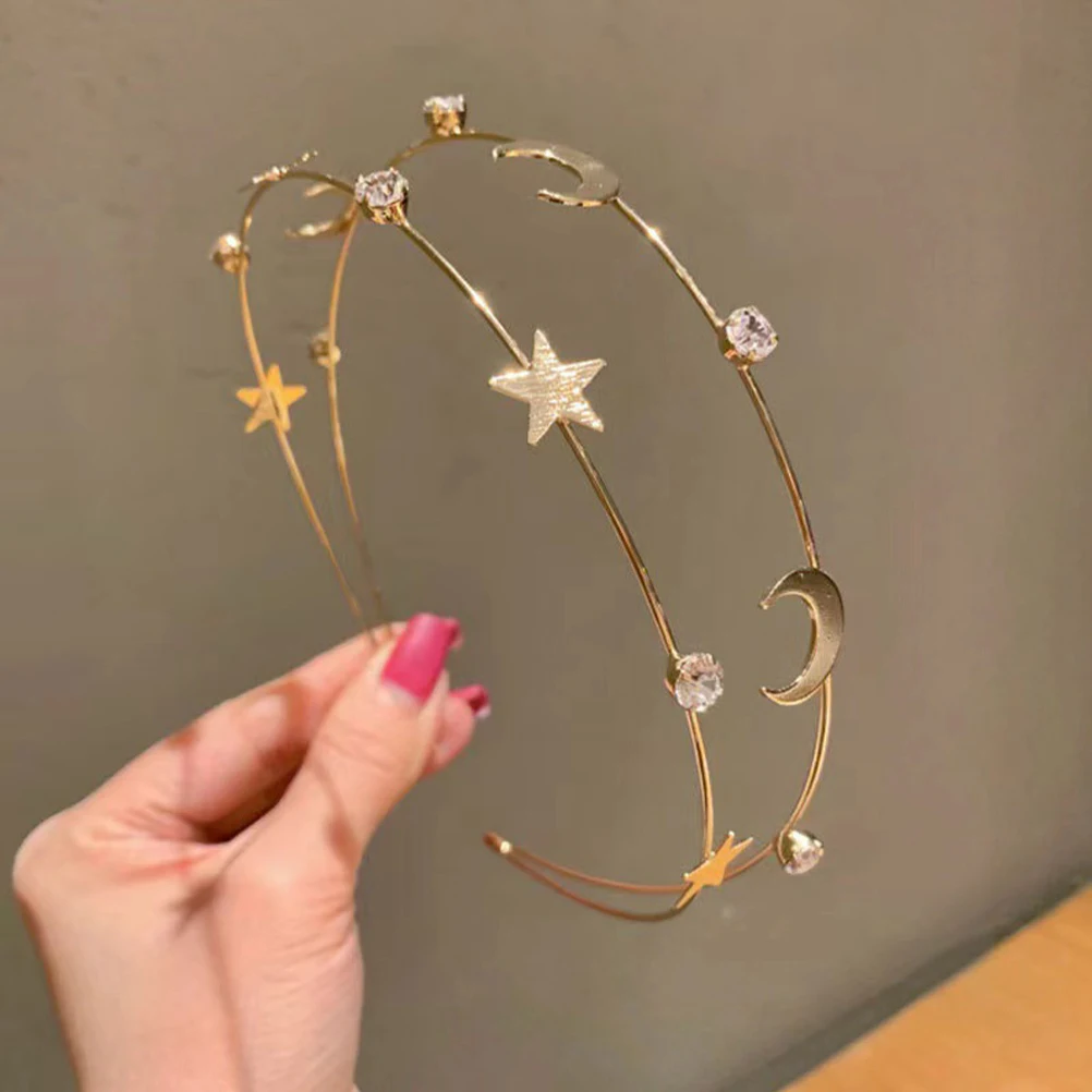 

2Pcs Rhinestone Headband Bridal Hairbands Silver Gold Wedding Party Accessories Women Headdress Moon Star Design