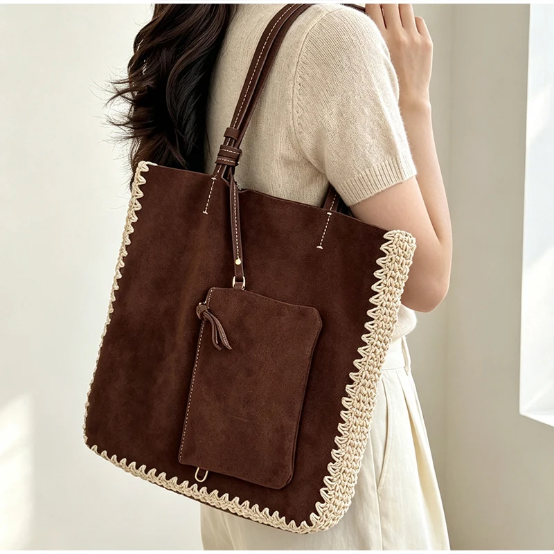 Vintage-Umhängetasche aus Kunstwildleder mit passendem Portemonnaie, Damenhandtasche mit Häkelspitzenbesatz, elegante Colorblock-Tragetasche für Herbst und Winter – Detail 18