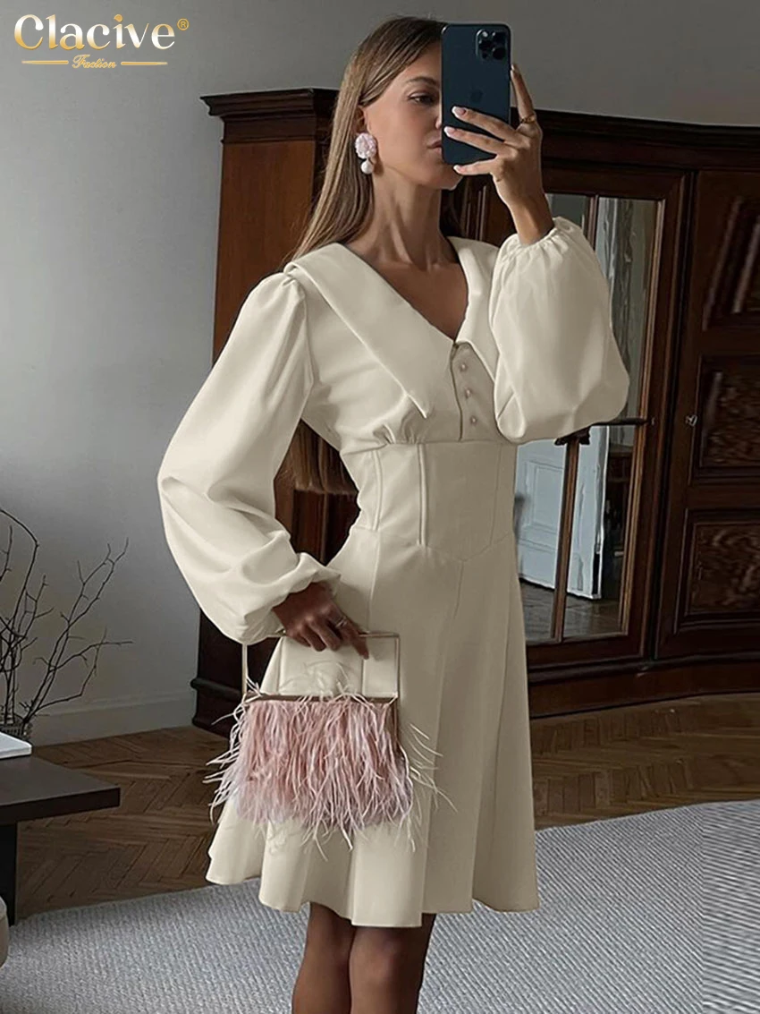 

Clacive Fashion Slim Apricot Office Women's Dress Casual Lapel Long Sleeve Mini Dresses Elegant High Wiast Pleated Female Dress