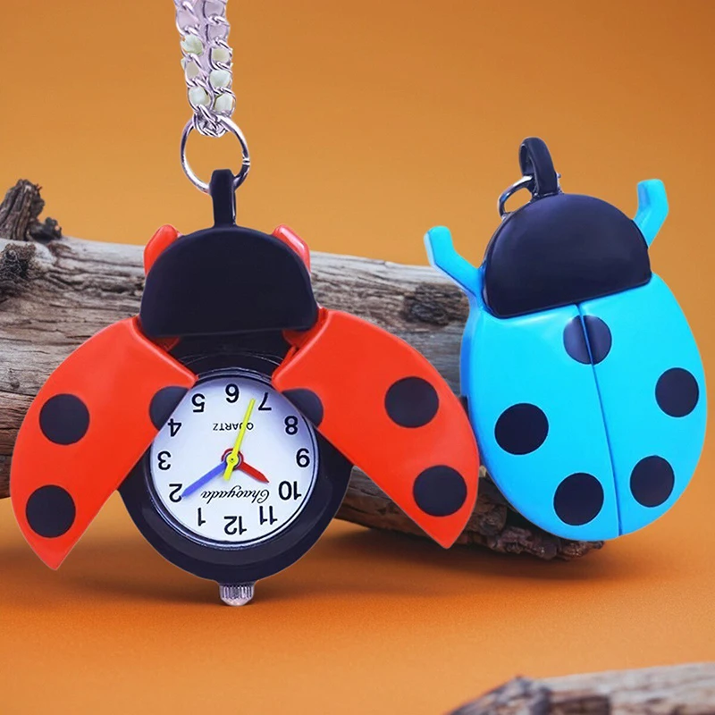 new children boys girls cartoon ladybug necklace pocket watches little kids students lovely cute flip electric clock 9 colors