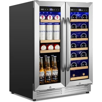 ثلاجة النبيذ والمشروبات تحت العداد، ثلاجة مشروبات مقاس 24 بوصة، منطقة مزدوجة مع باب زجاجي، قائمة بذاتها