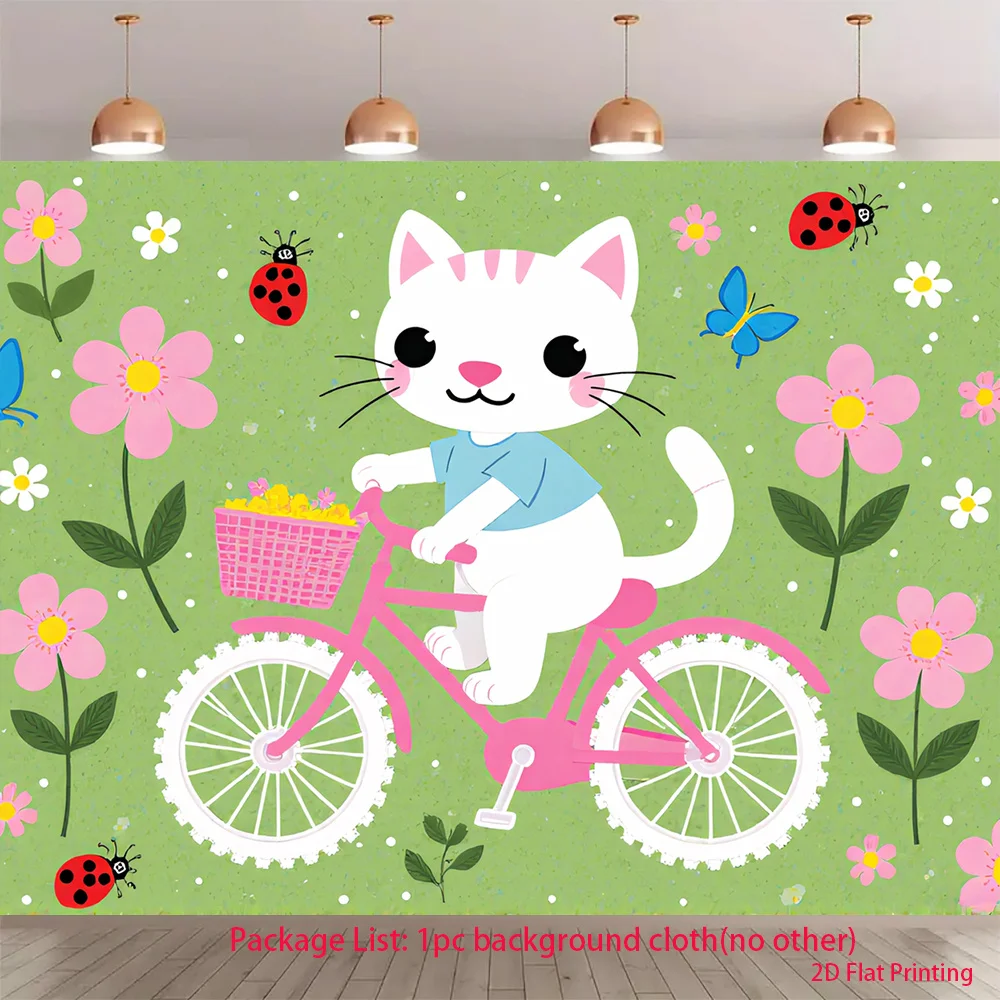 Cute Cat Riding Bike Tapestry, Cartoon Kitten Flower Wall Hanging, Green Spring Decor for Kids Room Nursery Playroom