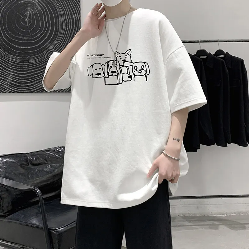 

Men's Cotton T-shirts White Mens Oversized T Shirt Anime Dog Print Summer Casual Wear Tee Shirts Big Size Male Clothes