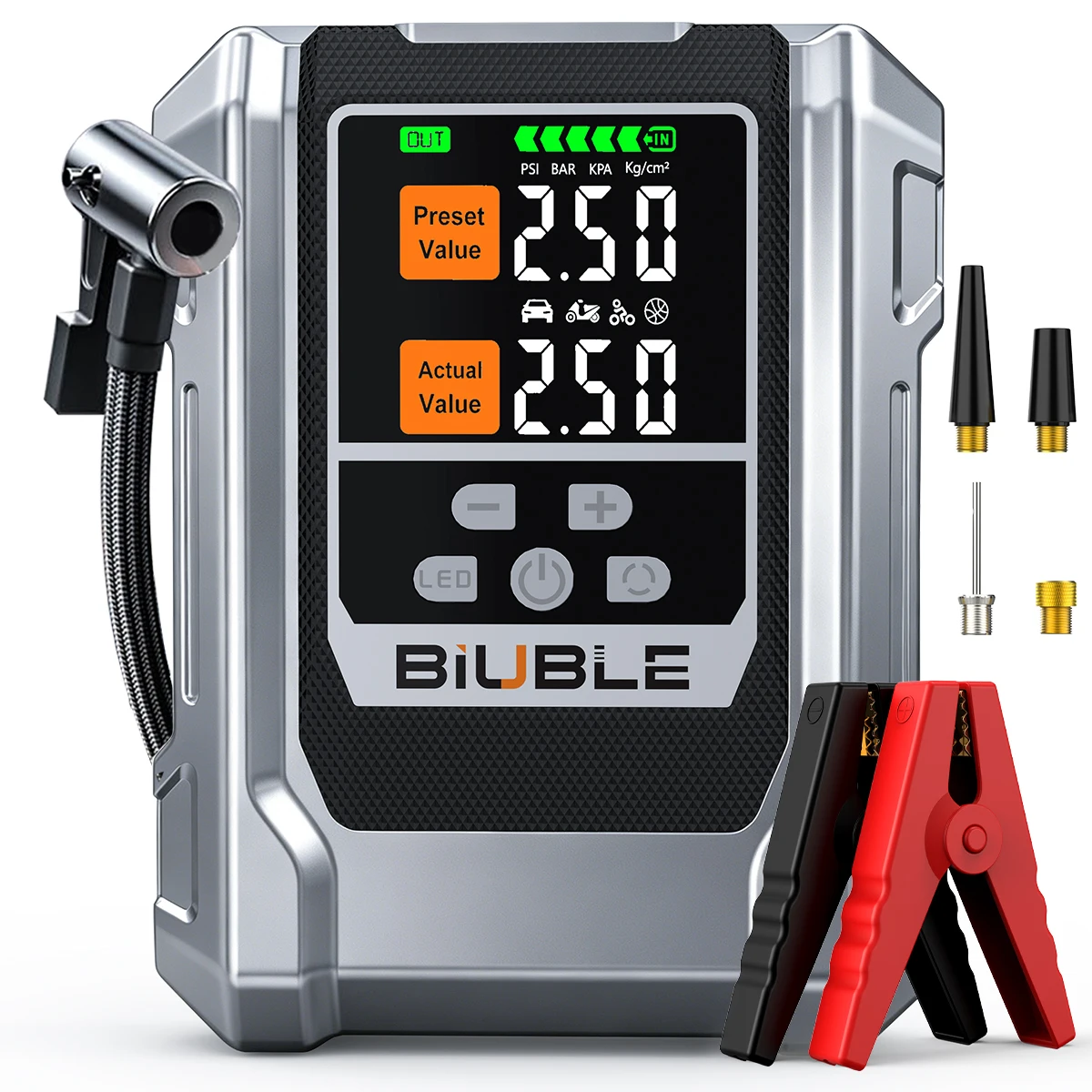 Image of 1500A und 150PSI Auto-Starthilfe und Reifenfüller, Starthilfe-Powerbank mit Luftkompressor, für 12V-Fahrzeuge (10L Benzin/8L Diesel), Intuitiver LED-Bildschirm, Komplettes Zubehörset, Großes
