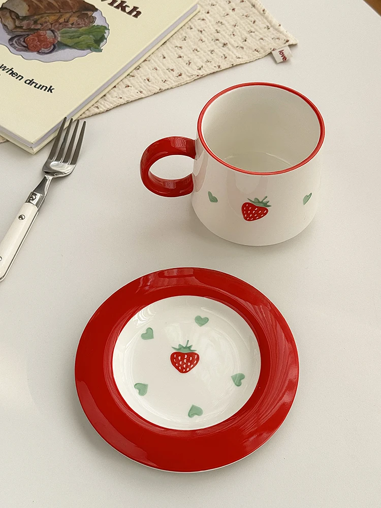 Strawberry Ceramic Coffee Cup And Saucer Cute Ceramic Afternoon Tea Drinkware Breakfast Cup Snack Plate Gift