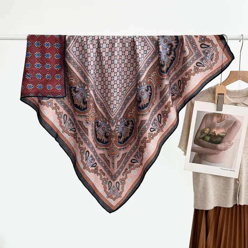 2026 Velvet Double-Sided Herringbone Cashew Square Scarf Korean Retro 90cm Silk Scarf Women's Temperament Shawl