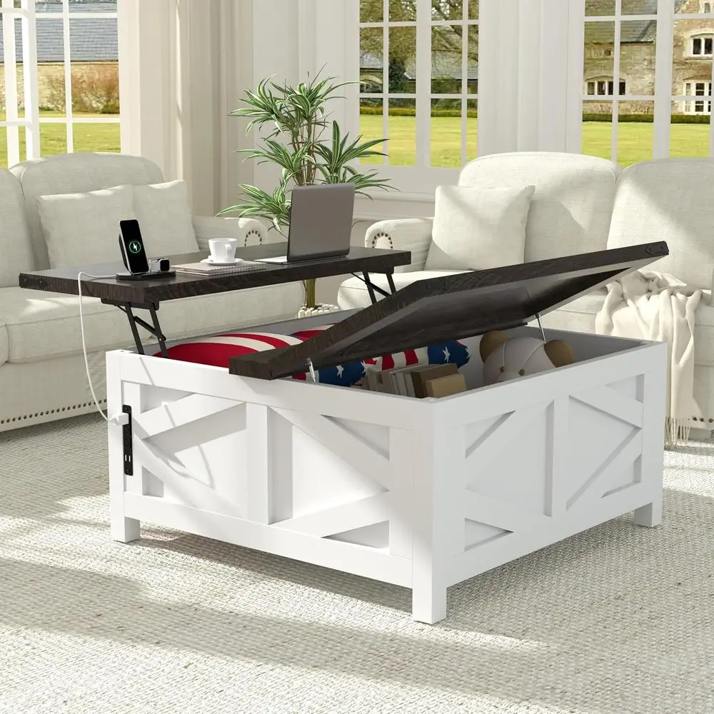 

White Square Farmhouse Coffee Table with Lift Top, Storage, and Charging Station for Living Room